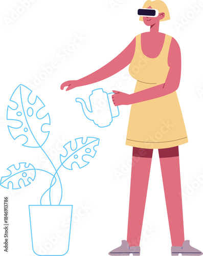 Woman wearing VR headset watering virtual plant
