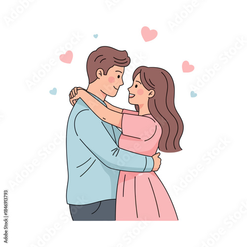 Cute romantic illustration of couple embracing with hearts floating around them