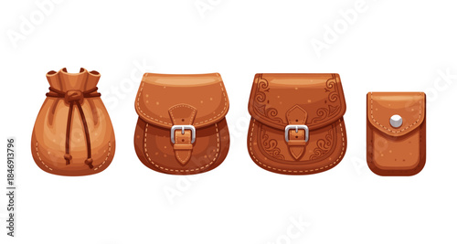 Collection of four different brown leather pouches and bags with buckles and drawstrings