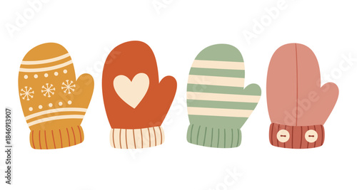 Four cozy mittens with winter patterns and warm colors arranged in a row