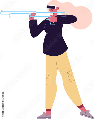 Woman playing virtual reality shooting game with headset