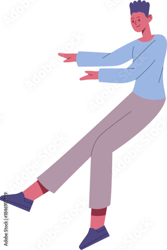 Young man extending arms presenting offering promoting