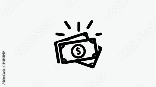 Simple line art icon of dollar banknotes with radiating lines, symbolizing money, finance, cash, wealth, and success.