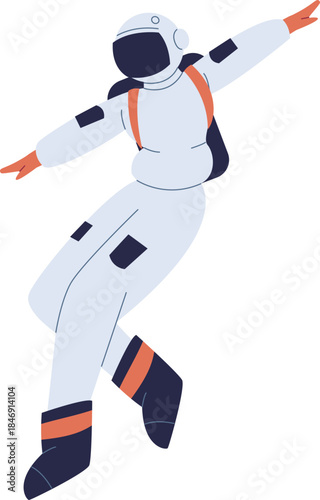 Astronaut floating in space suit experiencing zero gravity
