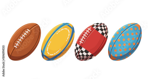 Collection of four distinct rugby and American football balls with unique designs