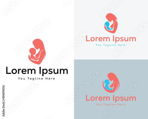 Mother holding baby silhouette logo design in coral and blue child family