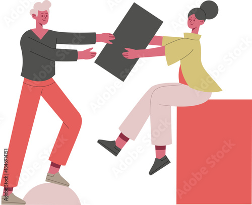 People collaborating on a project exchanging a block