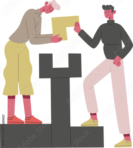 People collaborating building puzzle blocks together concept