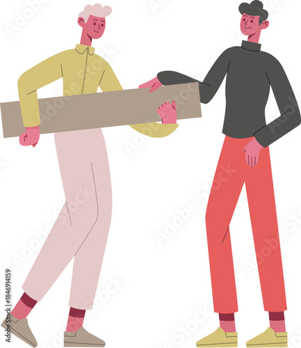 Two men cooperating passing a rectangular object