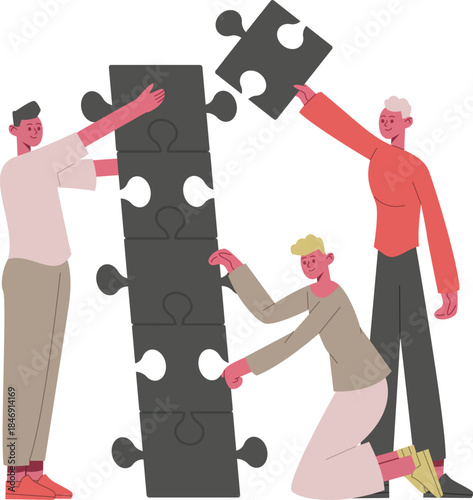 People building tower of puzzle pieces together
