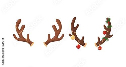 Set of four cartoon reindeer antlers decorated for Christmas with ornaments and pine sprigs