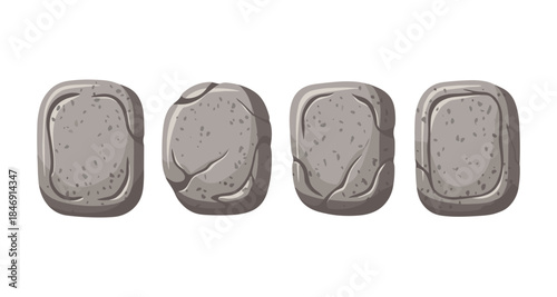 Collection of four stylized grey stones with carved borders and rough textures