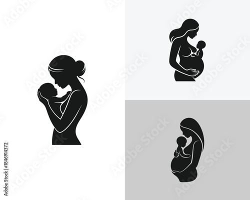 Black silhouette of a mother holding a baby and a pregnant mother holding a baby child infant