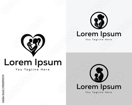 Black silhouette logos of mother holding baby within heart and circle shapes child love