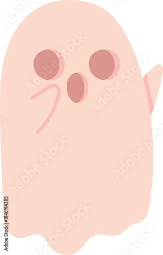 Cute pink ghost character flying with arm raised