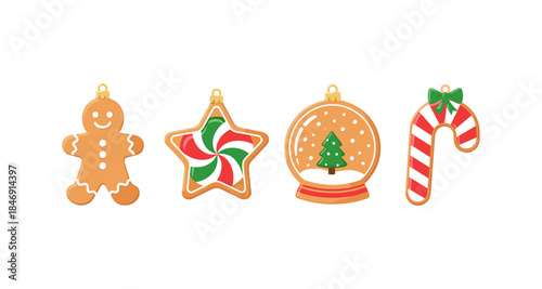 Set of four festive Christmas cookie ornaments on a white background
