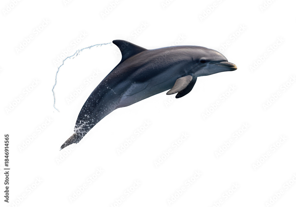 Obraz premium A bottlenose dolphin leaps gracefully out of the water, captured against a dark background isolated on transparent background
