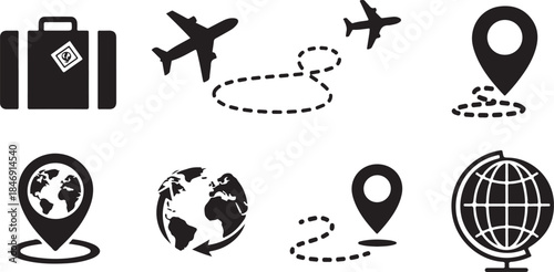Travel and navigation icon set black silhouette