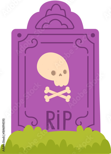 Purple cartoon tombstone with skull and crossbones on grass