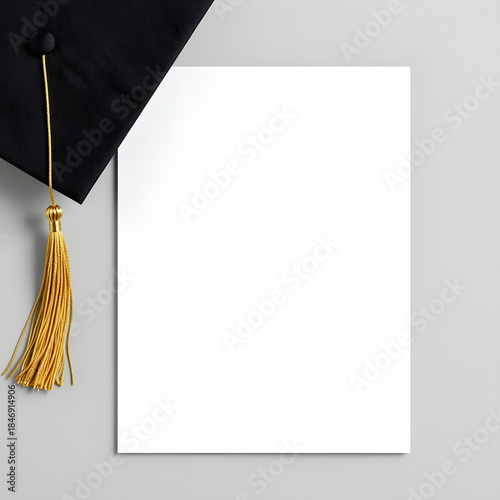 Graduation Flat Lay Mockup — Black Mortarboard with Gold Tassel & Blank Paper, Minimal Top-Down Announcement/Invitation Template with Copy Space