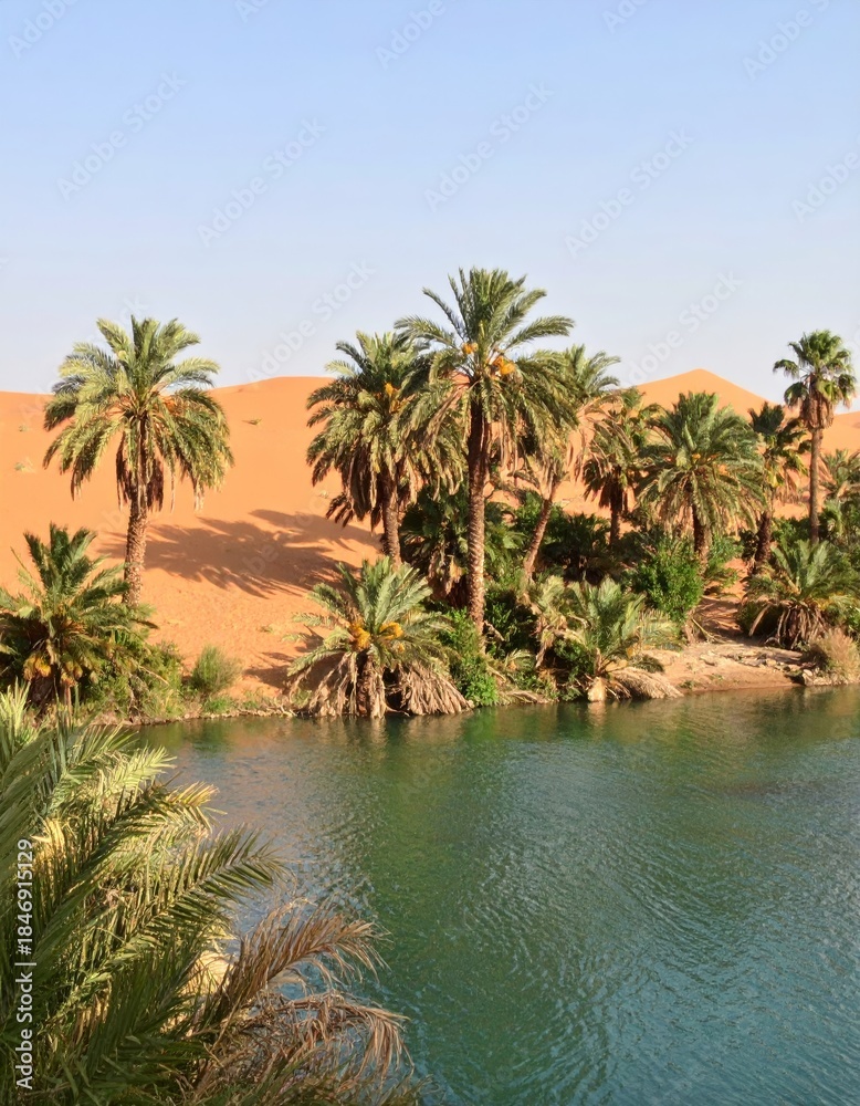 Obraz premium Quiet desert oasis with emerald water and palms