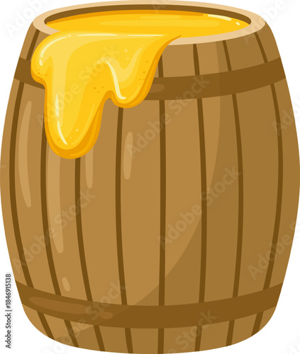 Wooden barrel overflowing with golden sweet honey