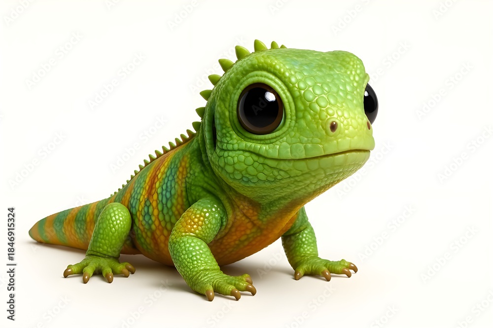 Fototapeta premium Vibrant Cartoon Baby Green Iguana Lizard with Big Eyes on White Background