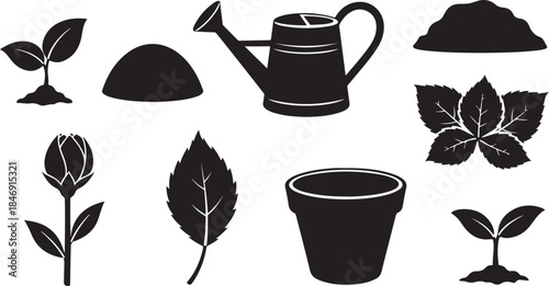 Gardening icons set black silhouette vector art