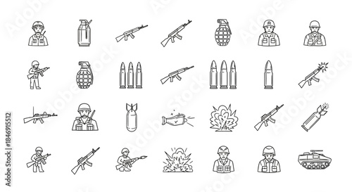 Set of military icons and symbols hand drawn sketch style collection of weapons, soldiers, grenades, tanks, and ammunition for army or war theme design elements