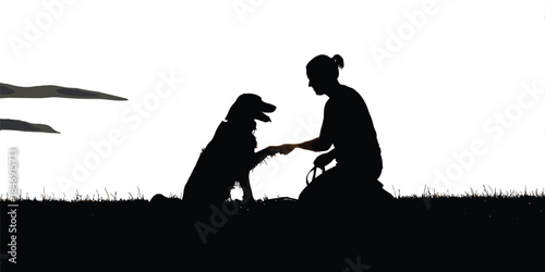 Black silhouette vector illustration of a woman shaking paw with her dog in a grassy nature field, representing friendship and training, white background.