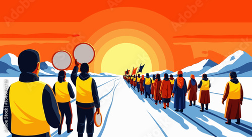 A line of people walking on a snowy path towards a bright orange and yellow sunset over mountains, some holding circular signs, symbolizing a journey or procession in a cold, dramatic landscape