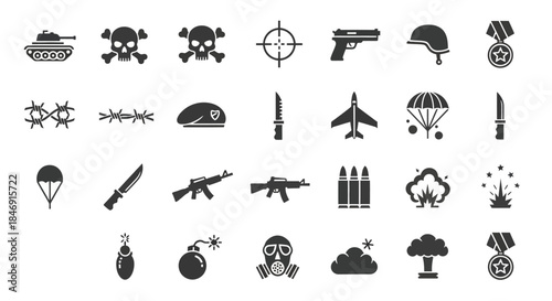 Set of military and war icons, weapons, army equipment, danger symbols, and combat related objects in silhouette style