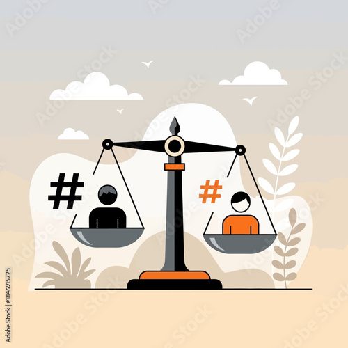 Scales of justice balancing two people with hashtags representing social media influence, equality, and online debate concept illustration