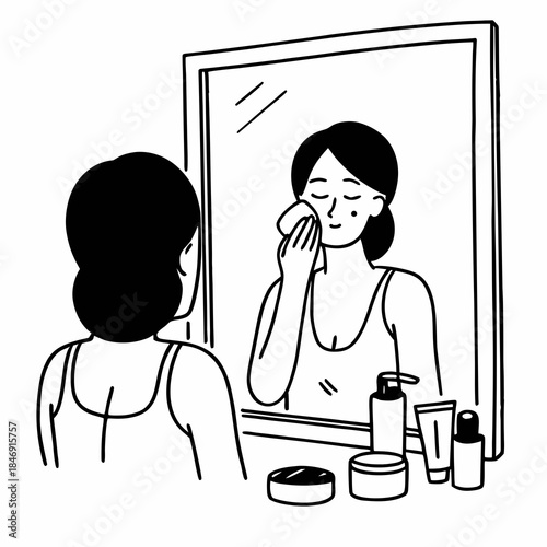 Woman removing makeup in front of mirror, demonstrating skincare routine with cleansing products. Skincare ritual includes cotton pads, cleansers, and moisturizers on vanity.