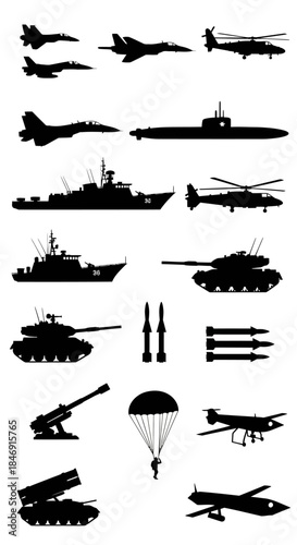 Collection of military vehicle silhouettes fighter jets, attack helicopters, submarine, warships, tanks, artillery, missiles, paratrooper, and drones