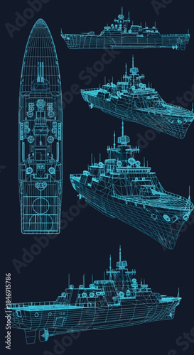 Blueprint style wireframe display of modern warships from multiple perspectives, naval vessel technical drawing concept on dark background
