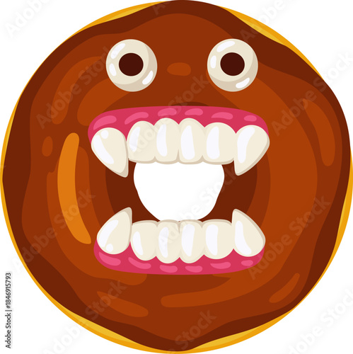 Chocolate donut monster with vampire fangs screaming