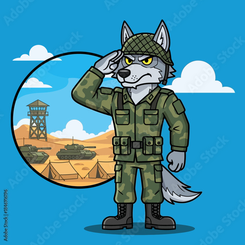 Fierce wolf soldier saluting in military uniform with tanks and desert outpost in background cartoon illustration