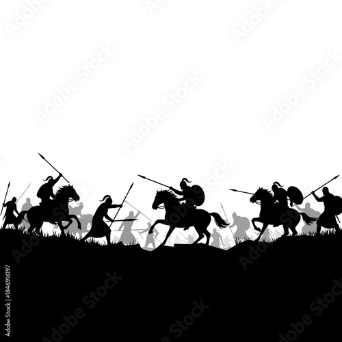 Silhouette of medieval cavalry charge battle scene with warriors on horseback fighting with swords and spears against an army on the ground