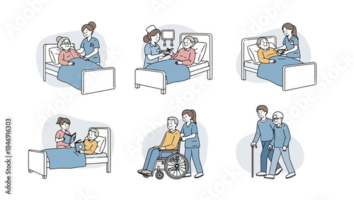 Illustrations depicting various aspects of caregiving, including nurses assisting patients in different scenarios.
