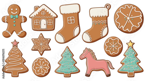 Collection of various gingerbread cookies in different shapes and designs, festive and delicious.