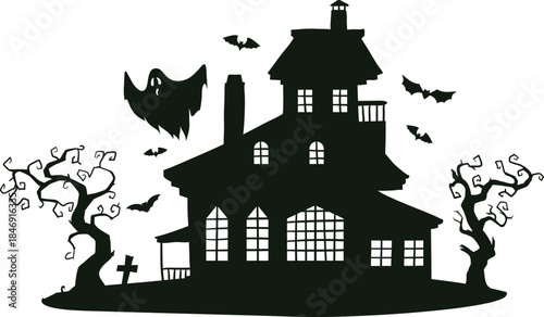 Haunted house silhouette with ghost and scary trees