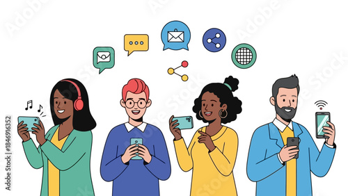 Diverse group of people using smartphones for communication and entertainment.