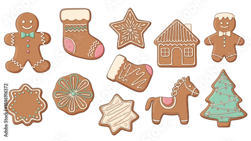 Gingerbread cookies: man, star, stocking, house, horse, tree, flower.