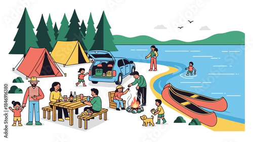 Camping scene with family enjoying the outdoors, tents, car, lake, and campfire.