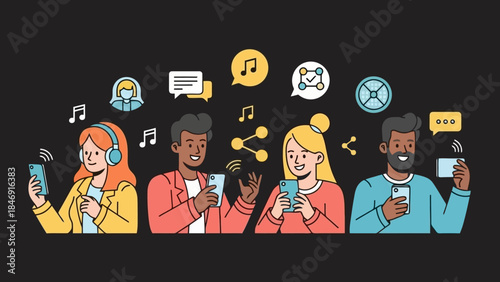 Diverse group of people interacting with smartphones, surrounded by social media icons and communication symbols.