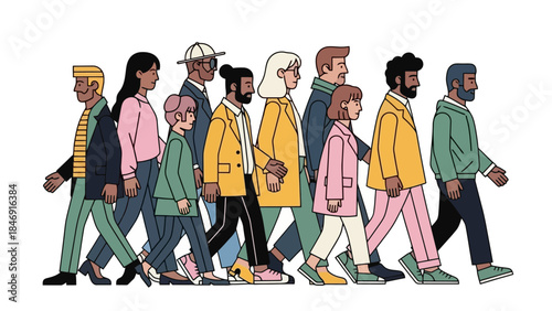 A diverse group of people of various ages, genders, and ethnicities walking in a line, depicted in a flat, illustrative style.