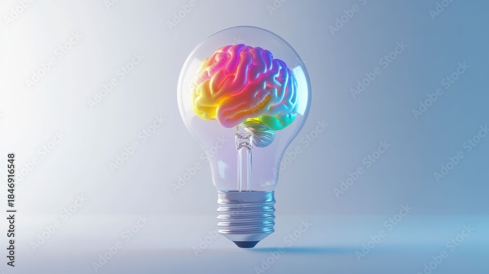 Fototapeta premium A 3D light bulb with a brain inside represents the connection between human intelligence and innovative technology.