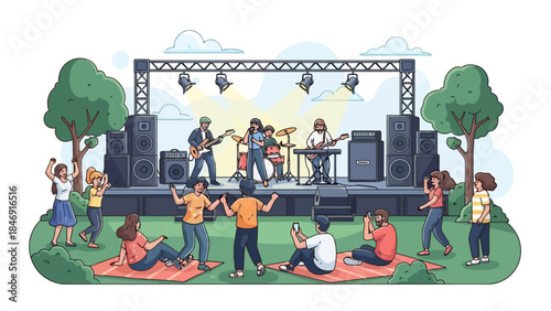 A lively outdoor concert with a band performing on stage to an audience enjoying the music on a sunny day.