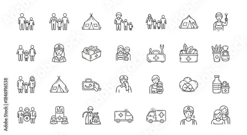 Collection of handdrawn outline icons representing humanitarian aid, disaster relief, refugees, medical assistance, and support services for people in need